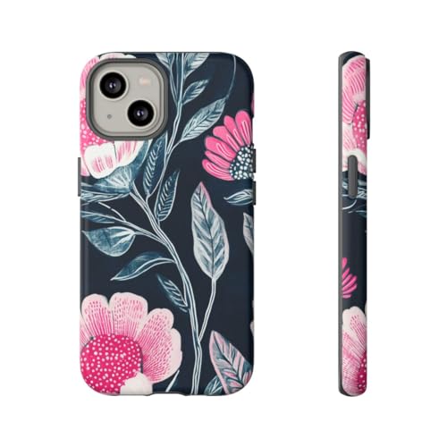 Coque iPhone 14 rigide mate florale rose vif fond bleu antichoc