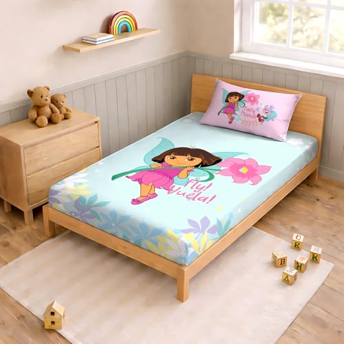 Image of Sassoon Dora (Fly) Digital Printed, Cotton Single Bedsheet, 300 TC, 1 Pillow Cover, Fade Resistant, Bedsheet for Kid's Bedroom, (1.50m X 2.35m)