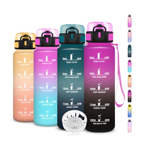 Botella Agua 1 Litro, Botella Agua Gimnasio con Filtro, Cantimplora Infantil Reutilizable, Marca de Tiempo, Cantimplora con Marca de Tiempo, para la Adulto, Oficina, Deportes, Oficina, Deportes, Gym
