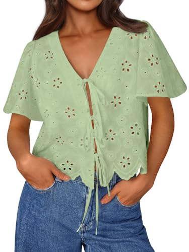 Trendy Queen Womens Summer Tops Cute Boho Blouses Beach Vacation Spring Outfits 2026 Tie Front Eyelet Embroidered Clothes Light Green L