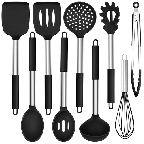 HaWare Silicone Utensils Set, 9-Piece Kitchen Cooking Utensils, Non-stick Heat Resistant Cookware with Stainless Steel Handle, BPA-Free, Dishwasher Safe - Black