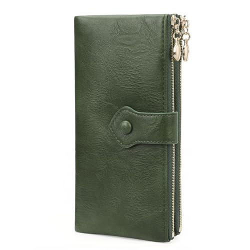 GOIACII Wallet for Women Ladies Wallets Billfold RFID Blocking Card Holder Long Double Zippers Clutch Purse Green