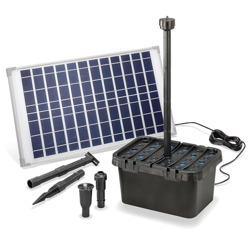 Esotec Solar Teichfilterset Starter 25/1250, Teichfilter Komplettset, Pumpe 1250l/h, 3 Sprinkler-Aufsätze, Solarmodul 25 Watt, Teichpumpe für Außen, Gartenteichreinigung 100903