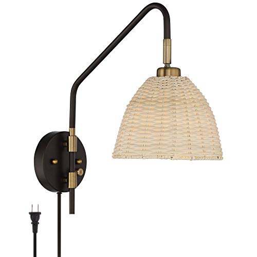 Barnes And Ivy Vega Modern Coastal Swing Arm Adjustable Wall Mounted Lamp Deep Bronze Brass Plug-In Light Fixture Natural Rattan Dome Shade For Bedroom Bedside House Reading Living Room Home #TOP1