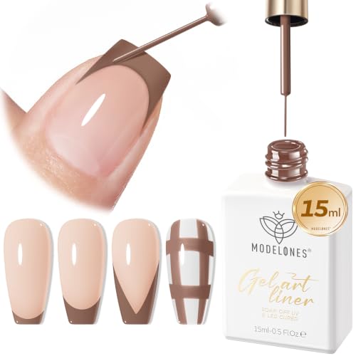 Image of modelones Brown French Tip Liner Gel Polish 15ml Nail Art Detail Brush | Brown Color Gel Paint Swirl Fine Line Design Built in Strip Brush Long Lasting Soak Off U V Cure DIY Fall Manicure Gift