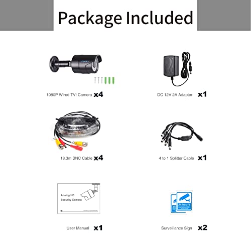 Lonnky 4 Pack 2Mp/1080P Tvi Cctv Hd Security Analog Bullet Camera, Aluminum Metal Housing,90° Viewing Angle, Suitable For 1080P 5Mp 4K Tvi And Hybrid Dvr Recorders #TOP6