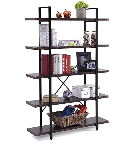HOMISSUE 5-Shelf Industrial Bookshelf and Bookcase, Rustic Wood and Metal Bookcases Furniture, 70.0