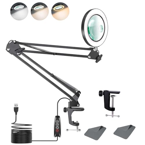 ZABOUL Lampe de Bureau Loupe 10X 15X et LED, Lampe Loupe Sur Pied avec 3 Modes de Couleurs et 10 Niveaux de Gradation, Lampe Eclairante avec Bras Pivotant Réglable Pour Lire et Travailler