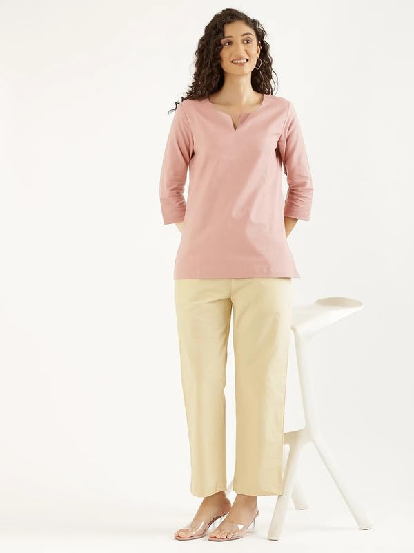 Image of SAADAA Airy Linen Split Neck Short Kurta for Women | Casual & Office Wear | 3 /4 Sleeves, Comfortable Fit | Elegant Top | Lightweight & Breathable Fabric |