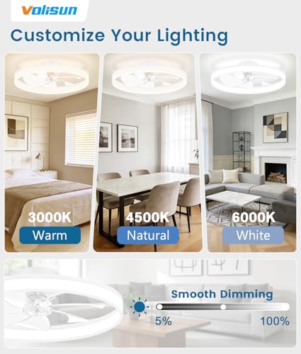 Image of VOLISUN Low Profile Ceiling Fans with Lights and Remote, 27.6in Fandelier Ceiling Fan Flush Mount, 3000K-6500K Smart Bladeless LED Fan Light, White Modern Ceiling Fans with Lights for Bedroom