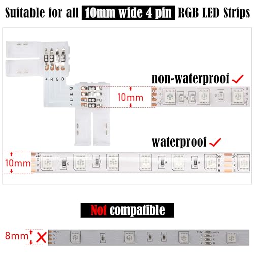 JACKYLED 20Packs L Shape 4-Pin LED Connectors with 22Pcs Clips 10mm for Strip Lights - 10mm 4pin