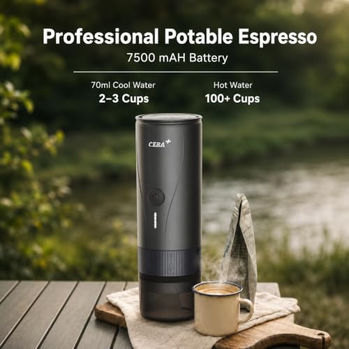 Image of CERA+ PCM04A Portable Espresso Maker with 51mm Professional Coffee Basket, Self-Heating Travel Electric Espresso Machine for Ground Coffee, Camping, Hiking & Office (Not Compatible with NS Capsules)