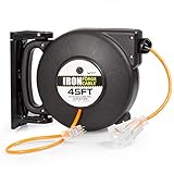 Iron Forge Cable Extension Cord Reel with 4 Electrical Power Outlets - SJTW Heavy Duty Orange Cable (14/3 Gauge, 45ft Length - Orange & Black)
