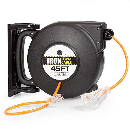 Iron Forge 45 Ft Retractable Extension Cord Reel - 2 in 1 Mountable & Portable Power Cord Reel with 3 Electrical Outlets - 14/3 SJTW Heavy Duty Orange Cable with 3 Prong - Garage Accessories