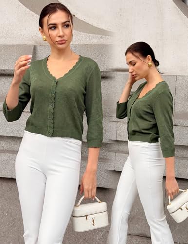 Image of Women Crop Cardigan Sweaters Lightweight 3 /4 Sleeve Button Up Crochet Shrug | Textured Bolero For Dresses Dressy Casual, V Neck, Ladies Eyelet Shawl Thin Trendy