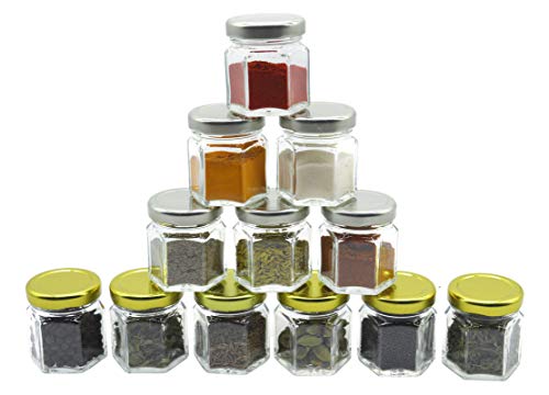 Image of Cute Hexagonal 50 Grams Airtight Glass Jar Containers for Honey, Spices & Other Kitchen Items with Rust Proof Gold & Silver Color Caps -Set of 12