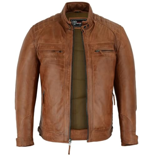 Vance Leather' Men's Cafe Racer Waxed Lambskin Austin Brown Motorcycle Leather Jacket (X-Large, Austin Brown)