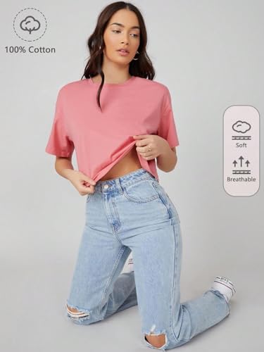 Image of KOTTY Women's Solid Cotton Blend Oversized Crop T-Shirt | Casual Summer Tee