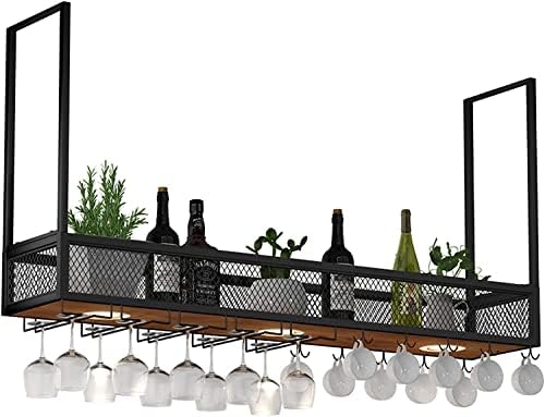 Adjustable Ceiling Mounted Wine Rack with LED Lights - Industrial Metal Wine Storage with Glass Holder for Home Bar - WUBYING Hanging Wine Organizer Solution