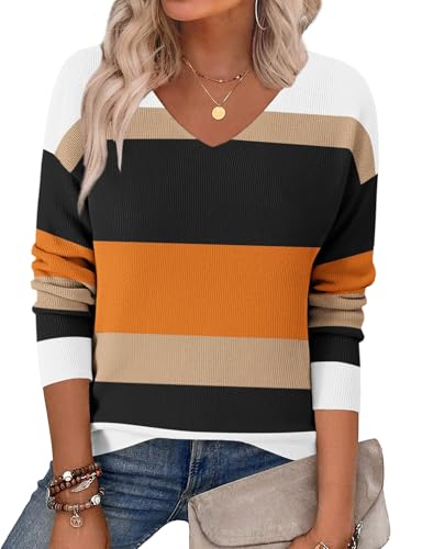 Zeagoo Women's Pullover Sweaters Trendy Striped Long Sleeve 2026 Fall Casual V-Neck Ribbed Knit Tops