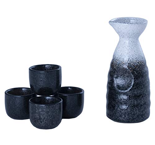 Hinomaru Collection Reactive Glaze Sake Set Tokkuri 10 Fl Oz Bottle With Four Sake Ochoko Cups 2 Fl Oz (Frost White) #TOP1