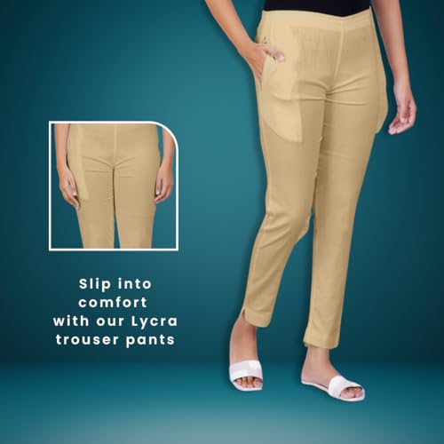 Image of Happy Bunny Cotton Blend Lycra Kurti Pants for Women, Soft 30% Stretch Full Length Trousers with Elastic Waist & Zip Pocket, Ideal for Office, Work, Casual, Home Wear Breathable Slim Fit