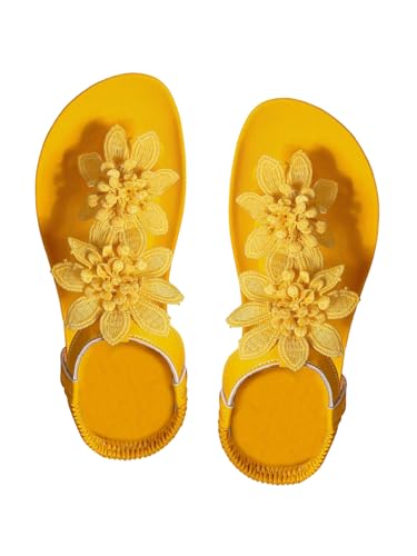 GORGLITTER Womens Flower Thongs Sandals With Ankle Strap Open Toe Trendy 2026 Summer Comfortable Wedding Beach Sandals Yellow 9