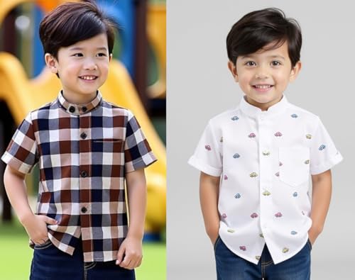 Image of Boys Short Sleeve Button Down Shirts, Plaid and Striped Pattern, Cotton Casual Tops, Pack of 2