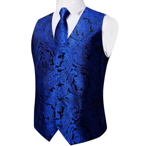 DiBanGu Mens Vest and Tie Set Formal Paisley Waistcoat and Necktie Pocket Square Cufflinks Silk Suit Vest for Tuxedo Wedding2
