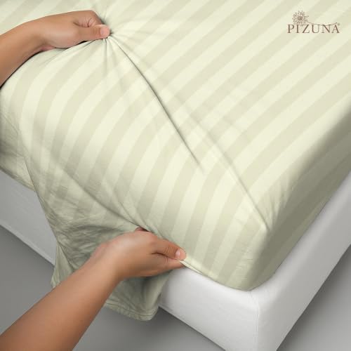 Image of Pizuna 100% Cotton Bedsheet Super King Size with 2 Pillow Covers, 300 Thread Count Long Staple Cotton, Stripes Pattern Flat Bed Sheet 108X108 Inch for Superking Bed, Cream
