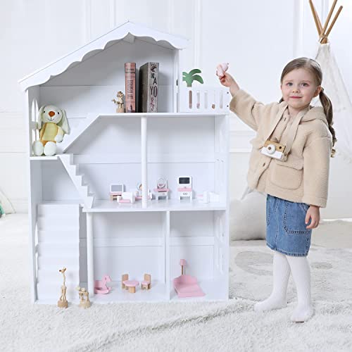 Yfdzone Dollhouse Bookshelf, Wooden Kids Bookshelve Children Doll House Toy Storage 3-Tier Kids Bookcase For Books Doll Toy Gift For Girls Ages 3-7+ #TOP1