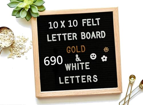 Felt Letter Board 10 * 10 inch DIY Message Board Memo Menu Notice Kitchen Notes Board with 460 White & Gold Coloured Letters Numbers Symbols Emojis for Home Restaurant Party Wedding