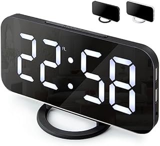 Virklyee Elektroniczny Budzik LED Lustro Budziki Zegarki na Biurko Inteligentny Czujnika Termicznego Światła, Tryb Nocny, Wyłącz Pamięci, SNOOZE, Z 2 portami ładowania USB, Z Podstawą(Czarny)