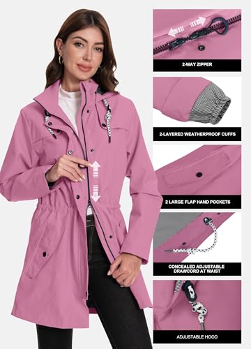 ATLASLAVA Regenjacke Damen Lang Wasserdicht Kapuze Regenmantel übergangsjacke Trenchcoat Outdoor Mantel Trockene Rose M