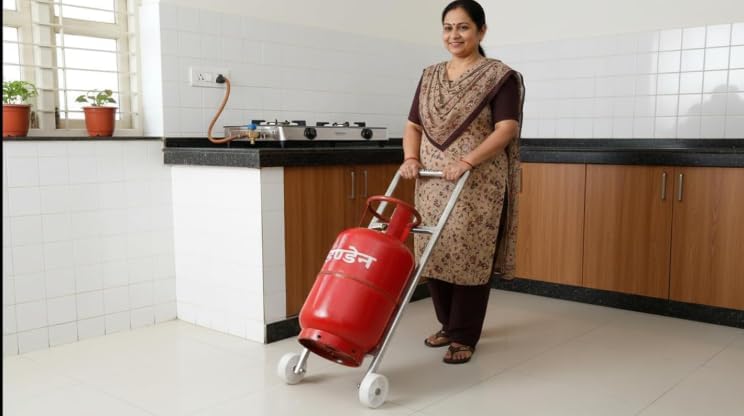 Image of ANAMIKA Heavy Duty LPG Gas Trolley with Wheels & Dual Hooks | Easy Grip Handle for Effortless Gas Movement | Strong Metal Stand for Home Kitchen | Durable Gas Carrier Trolley (Silver)