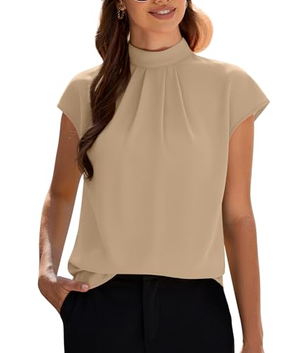 Image of Funlingo Womens Summer Tops Mock Neck Short Cap Sleeve Blouses Business Casual Work Chiffon Shirts Front Pleated Tunic Top