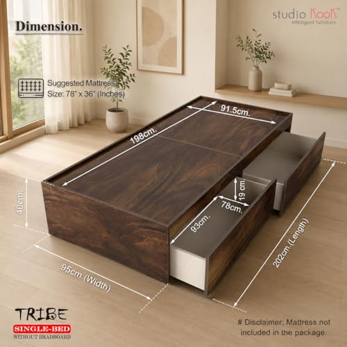 Image of Studio Kook Tribe Engineered Wood Single Bed with Dual Storage Drawers | Without Headboard (78x36 Inches, Junglewood, Matte Finish)
