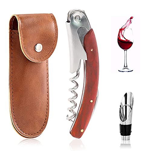 HASTHIP® 3-in-1 Bottle Openers Wine Opener with Professional Leather Case Corkscrew, Bottle Opener and Foil Cutter for Wine or Beer, Rosewood Waiters Corkscrews Gift Set with Bottles Stopper & Pourer
