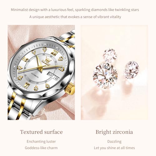 Image of OLEVS Womens Diamond Watches Automatic Mechanical Gold Luxury Dress Ladies Self Winding Original Stainless Steel Wrist Watch