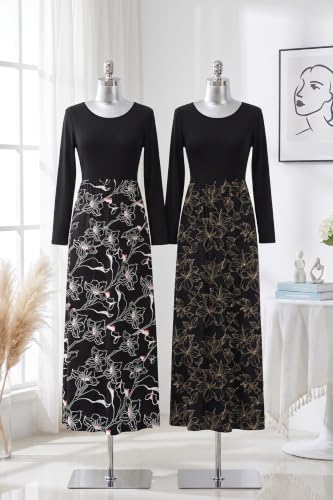 Image of AUSELILY Womens Long Sleeve Maxi Dress Casual Empire Waist with Pockets