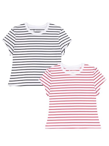 2-Pack Girls Striped Shirt Round Neck T-Shirt Cotton Short Sleeve
