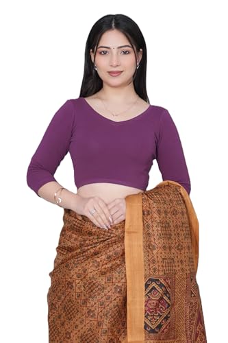 Image of Mlada V-Neck Stretchable Saree Blouse Top for Women | Slim Fit 3 /4th Sleeves Solid Cotton Blouses | Readymade Saree Blouses for Women Festive & Ethnic | Blouse Crop Top