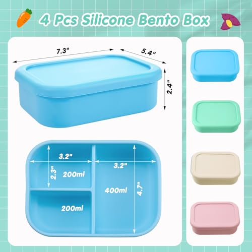 Image of Layhit 4 Pcs Silicone Bento Box for Adults, 27 oz Bento Lunch Container Reusable Food Container for Women Men, Leak Proof Microwave Dishwasher Freezer Safe (3 Compartments,Mint Colors)