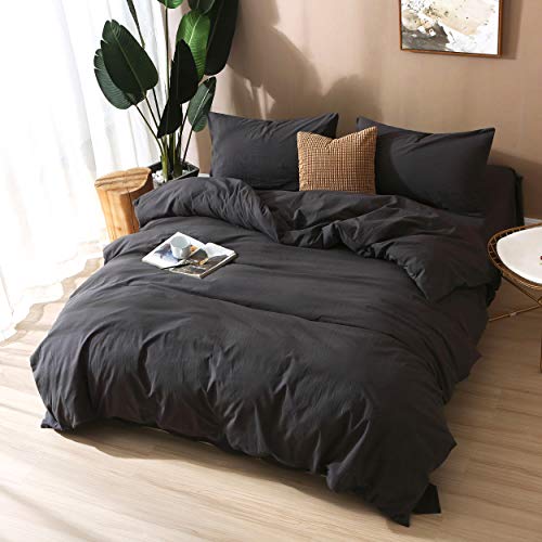 Image of F.Y.Dreams 100% Washed Cotton Duvet Cover for Weighted Blanket 80x87 inches with 16 Ties, Zipper on Long Side /Black Grey /Just Duvet Cover