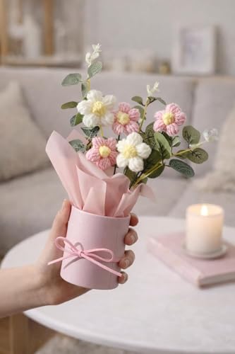 Image of Artificial Crochet Flower Bouquet /Artificial Flowers Bunch /Crochet Flowers Bouquet /Crochet Flowers /Flowers Bouquet for Girls Home Decor (Pink Bouquet)