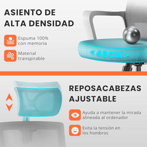 Miniatura 4 de Jupplies Silla Escritorio Ergonomica - Silla Oficina Ajustable Y Reclinable Con Soporte Lumbar, Reposacabezas Ajustable, Malla Transpirable, Ruedas Giratorias 360 Soporta Hasta 100kg Gris