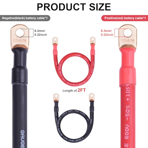 Image of iGreely 1 /0 Gauge Battery Cable with 5 /16 inch Terminals, 2FT Pure Copper Welding Battery Wires for Solar Automotive RV Marine Boat Motorcycle (Red + Black Pair)