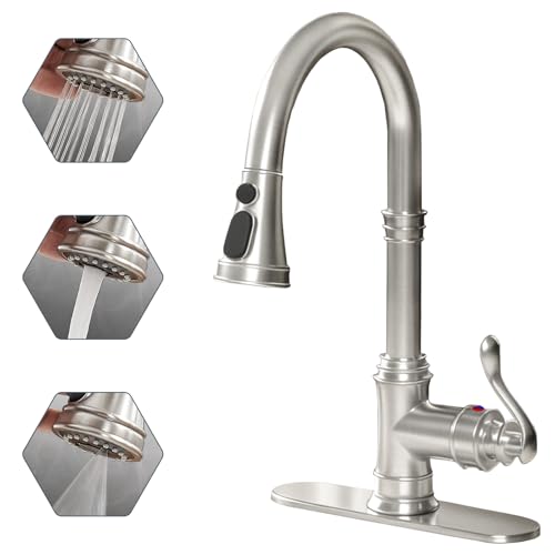 BATHLAVISH Grifo de fregadero de cocina níquel cepillado con pulverizador extraíble 3 modo de salida comercial solo agujero manija con placa de cubierta de agujero latón sólido sin plomo