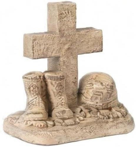 Soldiers Boots and Helmet at Cross Stone Memorial Statue 18in Tall Desert Sand Brown Color