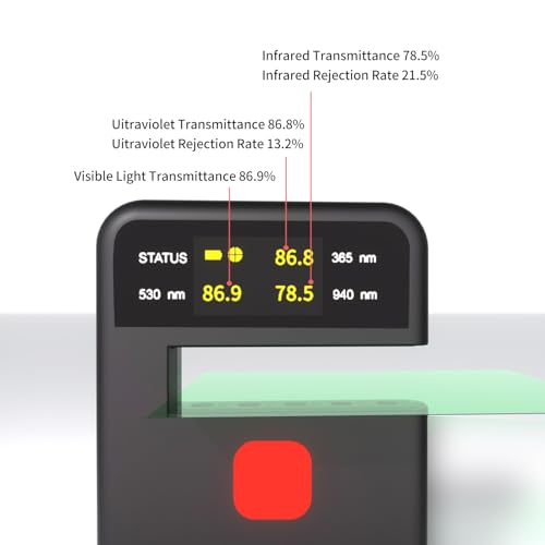 Digital Tint Meter Handheld Window Tint Solar Film Transmission Meter Type-C Charge VL UV IR Detection Transmittance Meter Automatic Calibration Auto Glass Solar Film Tester Max 1/2\" Thickness
